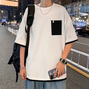 新款夏季宽松情侣胸前口袋日系t恤短袖男撞色假两件 T121-P20图片