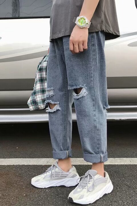裤子男潮流百搭原宿风破洞牛仔裤直筒宽松老爹九分裤kz10,男装牛仔裤,星座1008