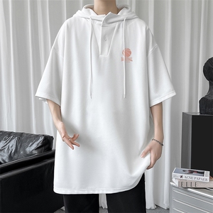 LD54237-P45 连帽短袖t恤男大码胖子带帽五分袖中袖图片