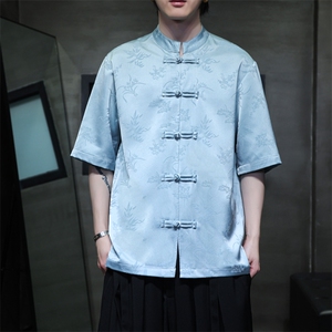 2026夏季短袖新中式风新款提花盘扣立领衬衫男T2802-P65图片