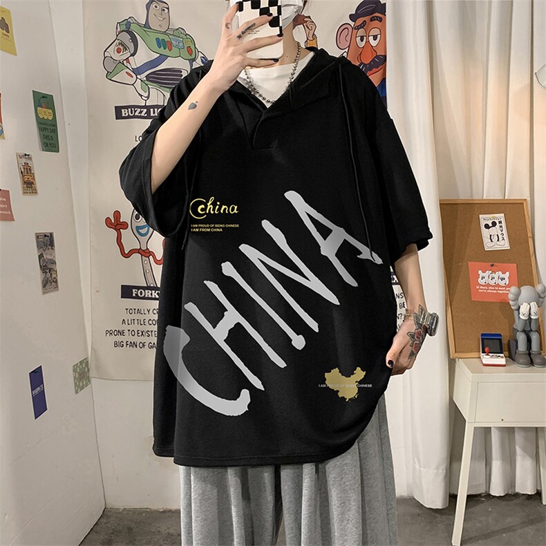 LD54208-P45 连帽短袖t恤男大码胖子带帽五分袖中袖图片
