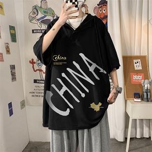 LD54208-P45 连帽短袖t恤男大码胖子带帽五分袖中袖图片