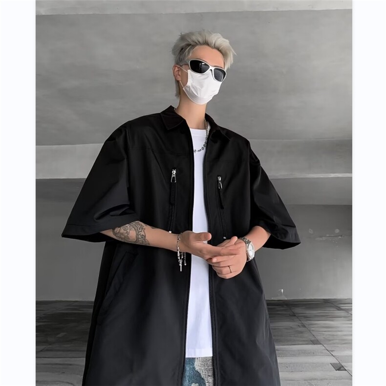 天蓝垫肩短袖衬衫设计感高级cleanfit街头风半袖衬衣男CY829-P38,男装衬衫,星座412-2