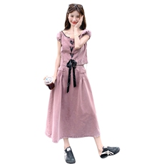 新品牛仔套裙2025夏季新款蝴蝶结套装裙3309-P155-K218，女装套装/套裙，2C230