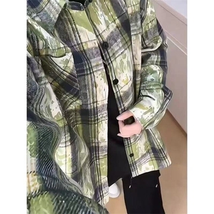 绿色泼墨扎染格子衬衫重磅设计长袖衬衣上衣美式复古情侣休闲外套图片