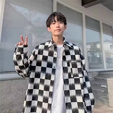 棋盘格衬衫男潮春季美式暗黑系潮流黑白格纹衬衣潮嘻哈休闲外套，男装衬衫，星座1210-1