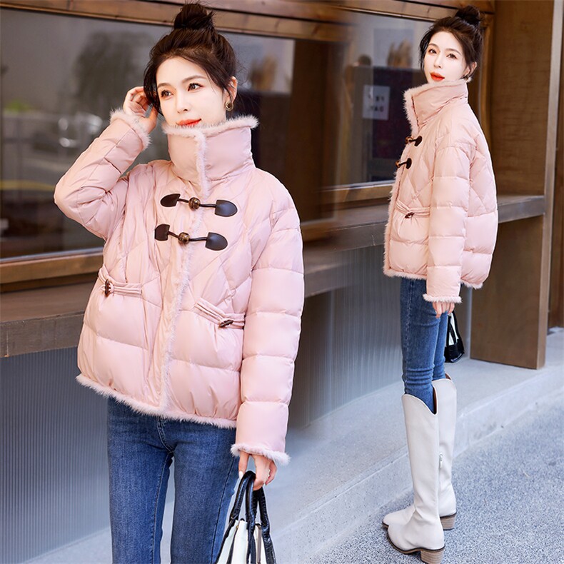 粉色牛角扣羽绒服女短款2024年冬季新款韩系小个子加厚白鸭绒外套图片