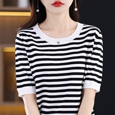 夏季新款条纹圆领短袖宽松韩版100%纯棉女上衣套头T恤打底针织衫，女装T恤，秋双羊绒