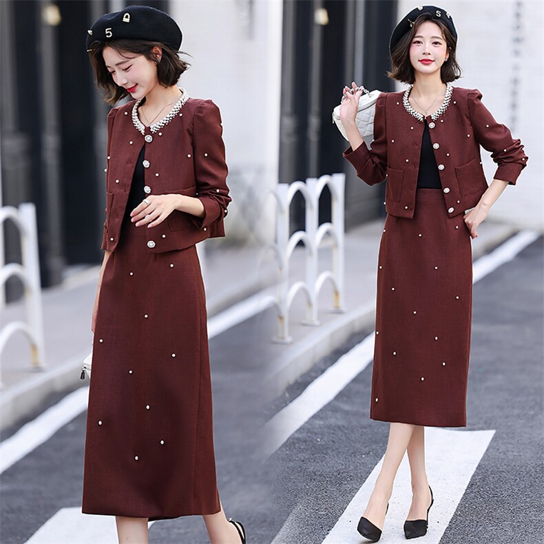 2024秋装新款时尚香风外套+半身裙钉珠套装，女装套装/套裙，橙子家