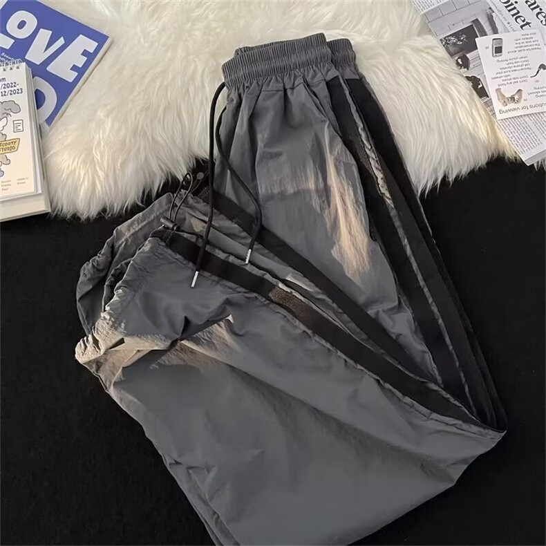 休闲裤男日系拼接条纹运动裤多巴胺春夏阔腿宽松抽绳束脚垂感裤，女装休闲裤，星座601-2