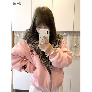 美式可爱兔耳豹纹连帽棉服外套女秋冬季新款保暖潮牌棉衣上衣
