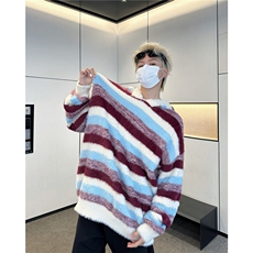 W618-P68复古蓝白条纹连帽毛衣男女秋冬季慵懒风撞色情侣针织衫，男装针织衫/毛衣，星座911-1