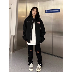 美式复古翻领短款外套女春秋2025新款潮牌街头情侣棒球服夹克上衣图片
