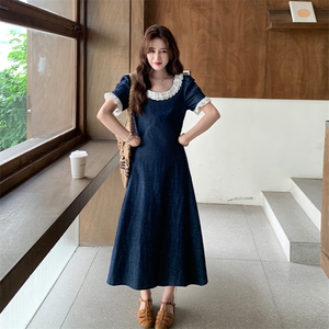 日系复古蕾丝边梨型身材显瘦长裙女2025夏季新款文艺范牛仔连衣裙图片