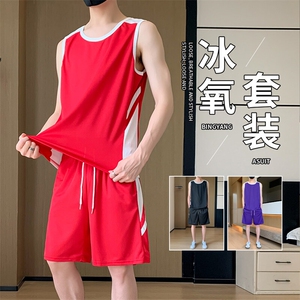 TZ148-P50 冰丝拼色青少年背心短裤套装男生运动篮球学生无袖衫图片