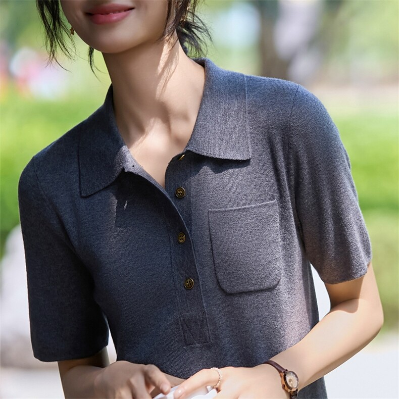 法式polo领精纺毛针织短袖T恤女2025新半袖打底翻领小衫打底上衣,针织衫/毛衣,暖烁羊绒