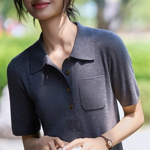 法式polo领精纺毛针织短袖T恤女2025新半袖打底翻领小衫打底上衣图片