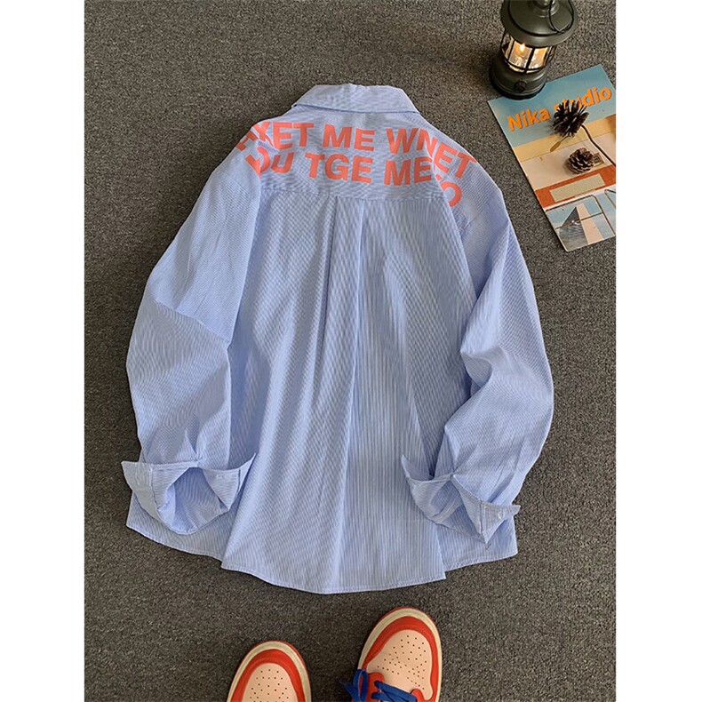 蓝色条纹印花长袖衬衫男 cp159-特p45图片
