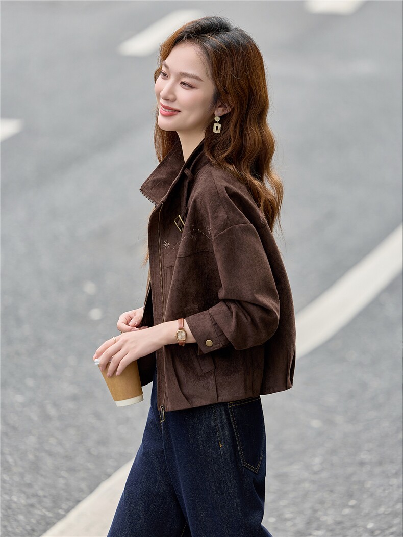 9213设计感刺绣麂皮绒休闲外套,女装短外套,依路服饰
