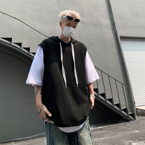 春秋新款小众设计感无袖宽松连帽卫衣男马甲夹背心外搭上衣男图片