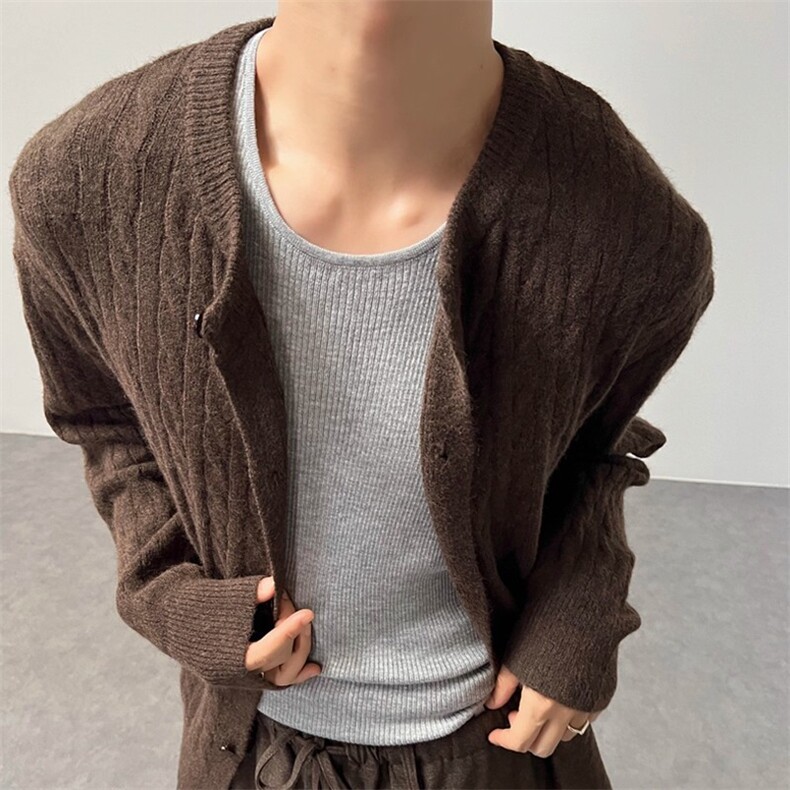 老钱风羊毛混纺麻花针织开衫毛衣秋冬基础百搭扭绳慵懒风毛衣外套，男装针织衫/毛衣，四季星座505