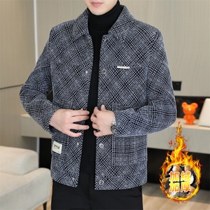秋冬大码加绒加厚格子翻领夹克男休闲百搭短款毛呢D78-P125图片