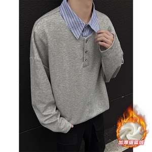 假两件衬衫领加厚加绒银狐绒大码长袖卫衣男W2343J加绒-特P40控78图片