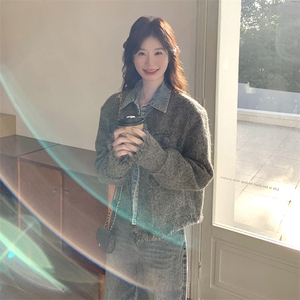 灰色设计感假两件温柔氛围感小香风上衣女秋新款小个子显瘦短外套图片