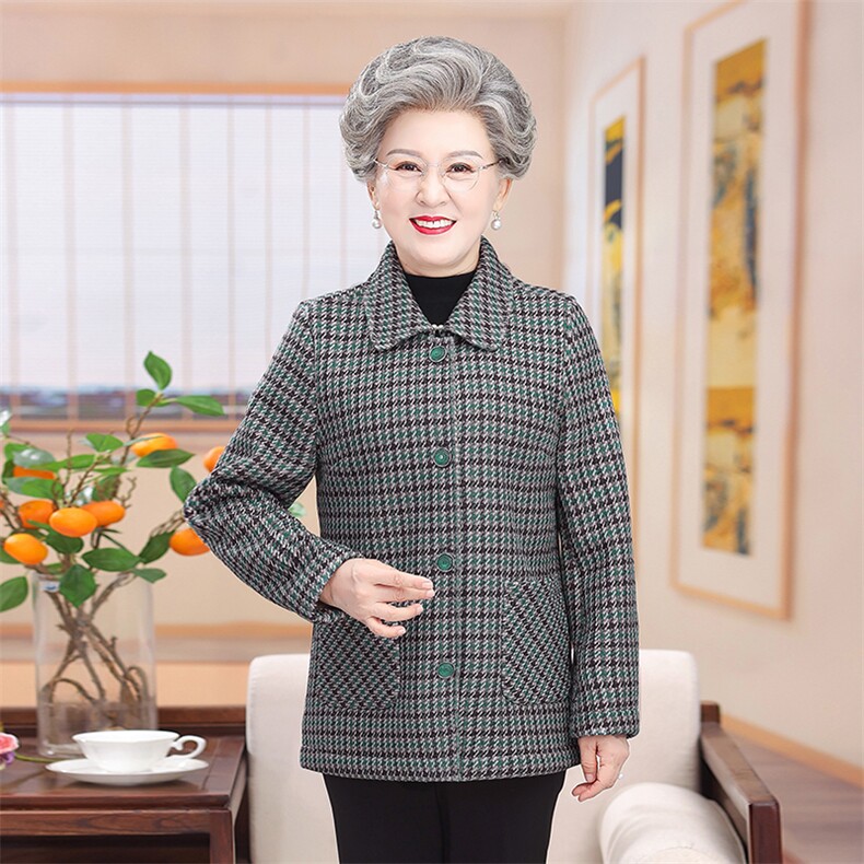 外套格子开衫奶奶装大码长袖扣子衫中老年女装秋冬翻领加绒大衣,女装中老年女装,亚东羊绒制品