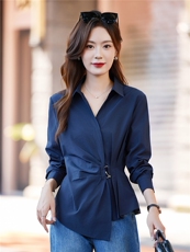 时尚长袖衬衫女2026春秋新款设计感洋气V字翻领收腰显瘦休闲衬衣，女装衬衫，靓衣阁