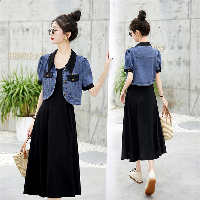 胖佳大码女装吊带背心小黑裙微胖mm夏季遮肚显瘦撞色牛仔上衣套装，女装套装/套裙，蓝诺裳