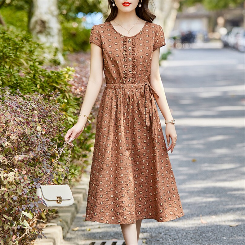 碎花V领连衣裙女夏季薄款2021新款中长款收腰显瘦妈妈棉麻长裙子,女装连衣裙,超帛