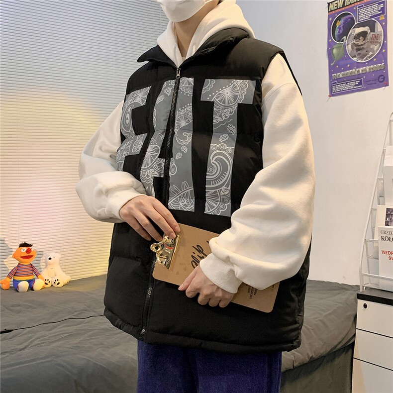 2026秋冬宽松立领印花羽绒棉马甲背心手塞棉MJ17500/P75黑色2,男装背心/马甲,电商A094