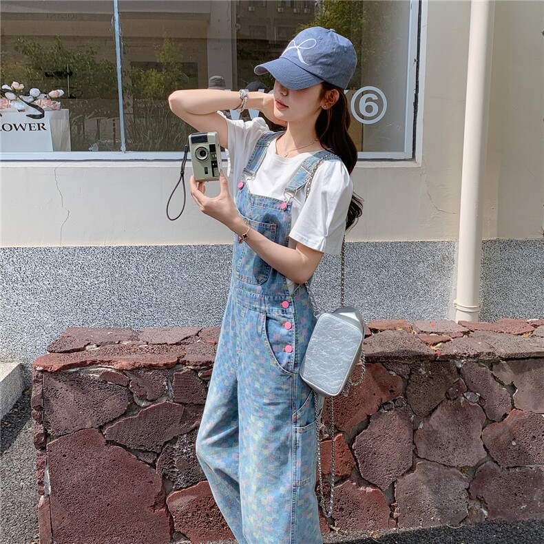 甜美气质棋盘格牛仔背带裤套装女夏2025新款又酷又飒穿搭两件套,女装套装/套裙,2D148