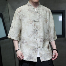 2025春季新款风男装盘扣新中式唐装书法印花衬衫C110-P50，男装衬衫，电商B277(原6028)