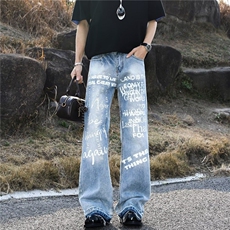 牛仔裤男女韩版潮流字母印花帅气百搭2026夏季ins长裤RK2625-P49，男装牛仔裤，星座412-2