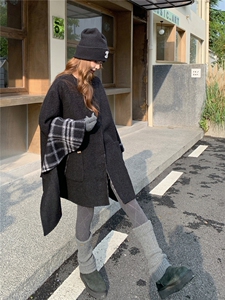 现货新款双面韩系格子披肩围巾双面羊绒大衣中长宽减龄羊毛呢外套图片