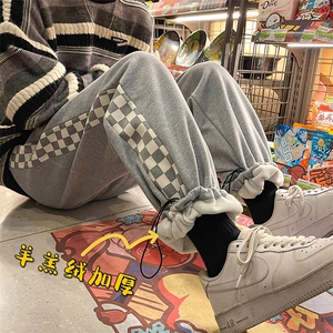 K286加绒-P55 常规款P50 冬季棋盘格拼接休闲裤 华棉复合奥利绒图片