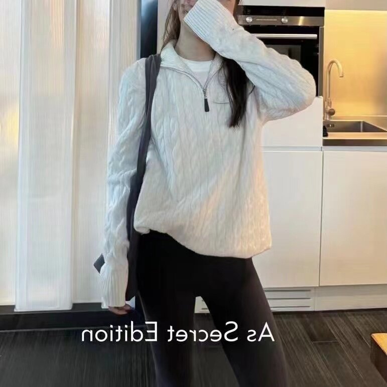 新款女士半开衫拉链毛衣麻花立领刺绣秋冬针织衫上衣,针织衫/毛衣,半城羊绒
