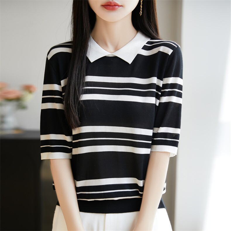 2025夏季翻领拼色条纹针织五分袖女POLO领薄款小个子正肩上衣T恤,女装T恤,大美人高端店