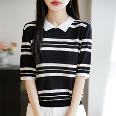 2025夏季翻领拼色条纹针织五分袖女POLO领薄款小个子正肩上衣T恤，女装T恤，大美人高端店