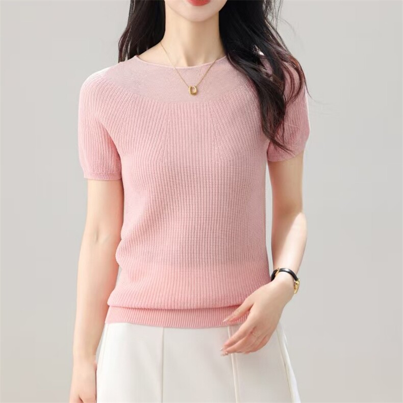 2025夏季新款时尚圆领亚麻水晶短袖女宽松休闲百搭半袖舒适针织衫，女装T恤，昭美羊绒
