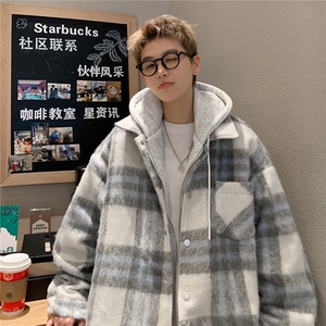美式假两件格子外套男款秋冬新款潮加厚保暖连帽棉衣 D335 P118图片