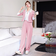 2025年新款春季法式时尚洋气拼接蕾丝翻领短外套小个子阔腿裤两件，女装套装/套裙，美静678