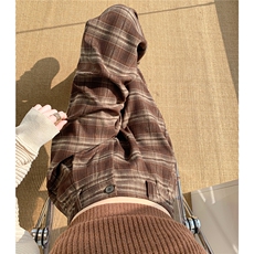 2024秋季新复古慵懒风咖啡格子裤女韩版高腰显瘦垂感阔腿裤潮，女装休闲裤，梦白服饰厂
