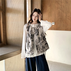 新26春雪花棉宽松T+抽皱醋酸珍珠中式马甲+牛仔天丝裤三件套，女装套装/套裙，2C293