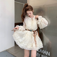 异域风白月光短裙子米白色木耳花边收腰连衣裙秋，女装连衣裙，浙宝113