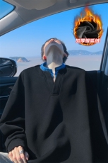 420g重磅条纹V领假两件保暖银狐绒宽松卫衣W5431J加绒-特P50控98，男装棉衣，电商A001
