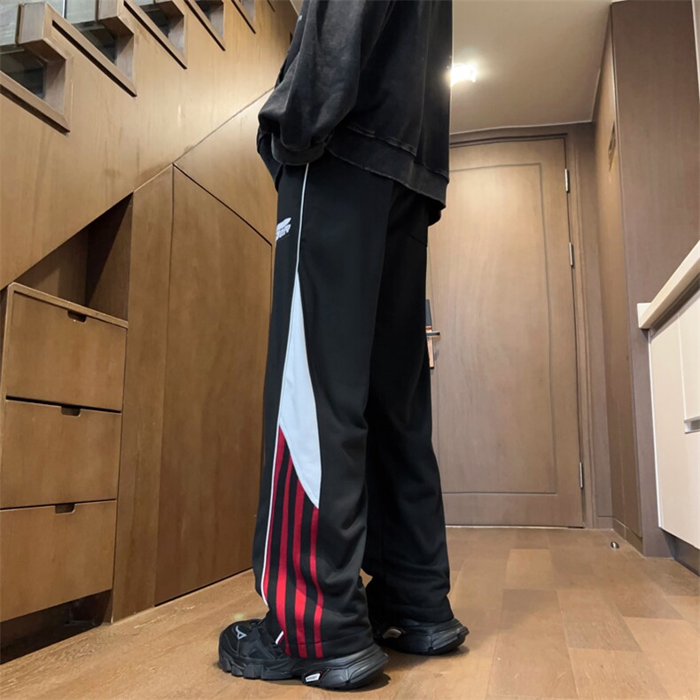 裤子男款秋季条纹撞色拼接运动卫裤美式高街宽松直筒阔腿休闲长裤,男装休闲裤,星座410-7