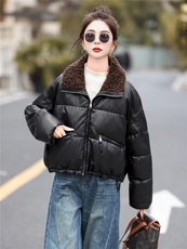 高端柔软蛋白皮白鸭绒羽绒服女仿羊羔毛大翻领皮衣2025冬新款，女装羽绒服，意芙